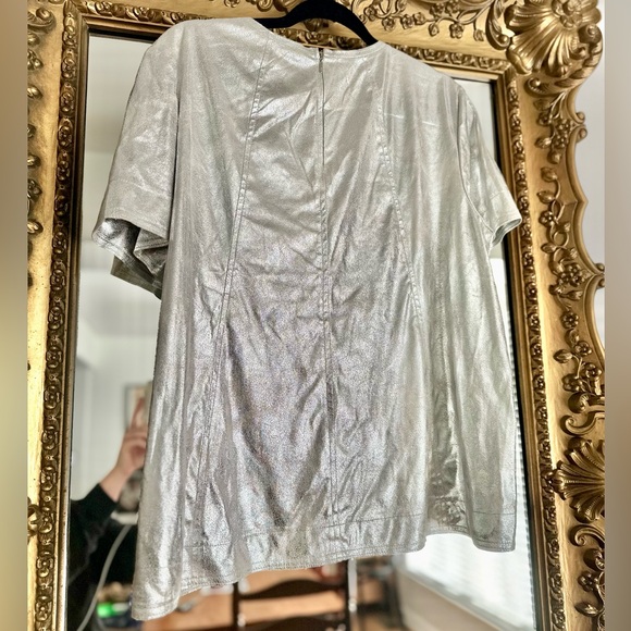 Donna Karan New York Foil Top T Shirt Leather Blouse Shirt Tee - Picture 3 of 4